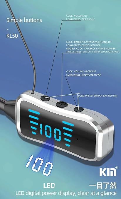 KL50 Bluetooth Neckband Earphones, 48 Hours Playtime, LED Display, TF Card Support (Purple)